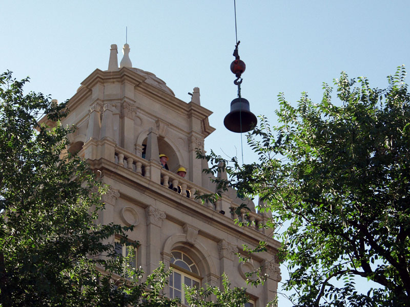 First bell ready to be pulled into tower